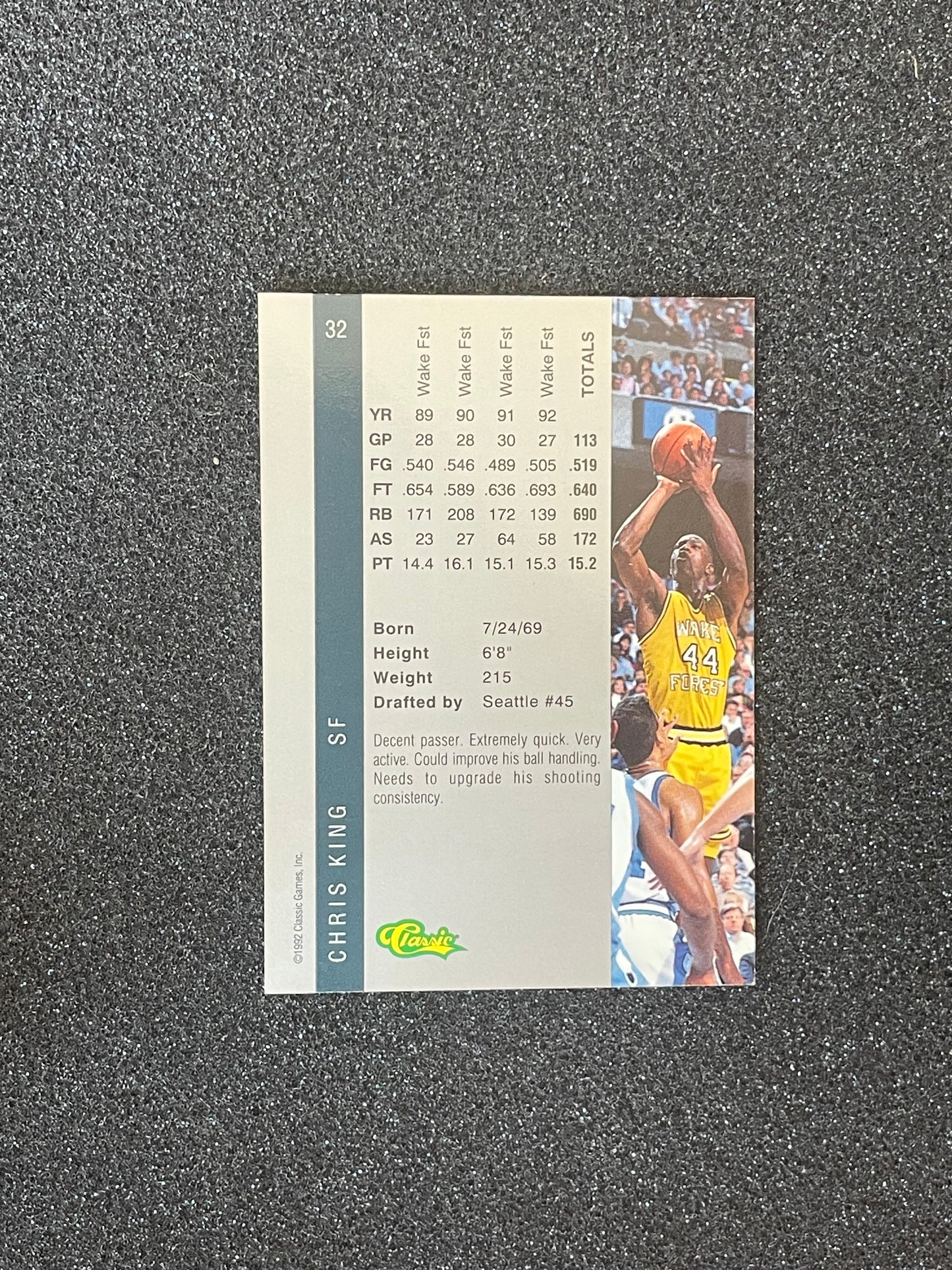 1992 Classic Four Sport Draft Picks Chris King Rookie Card #32 – Wake Forest / Seattle SuperSonics