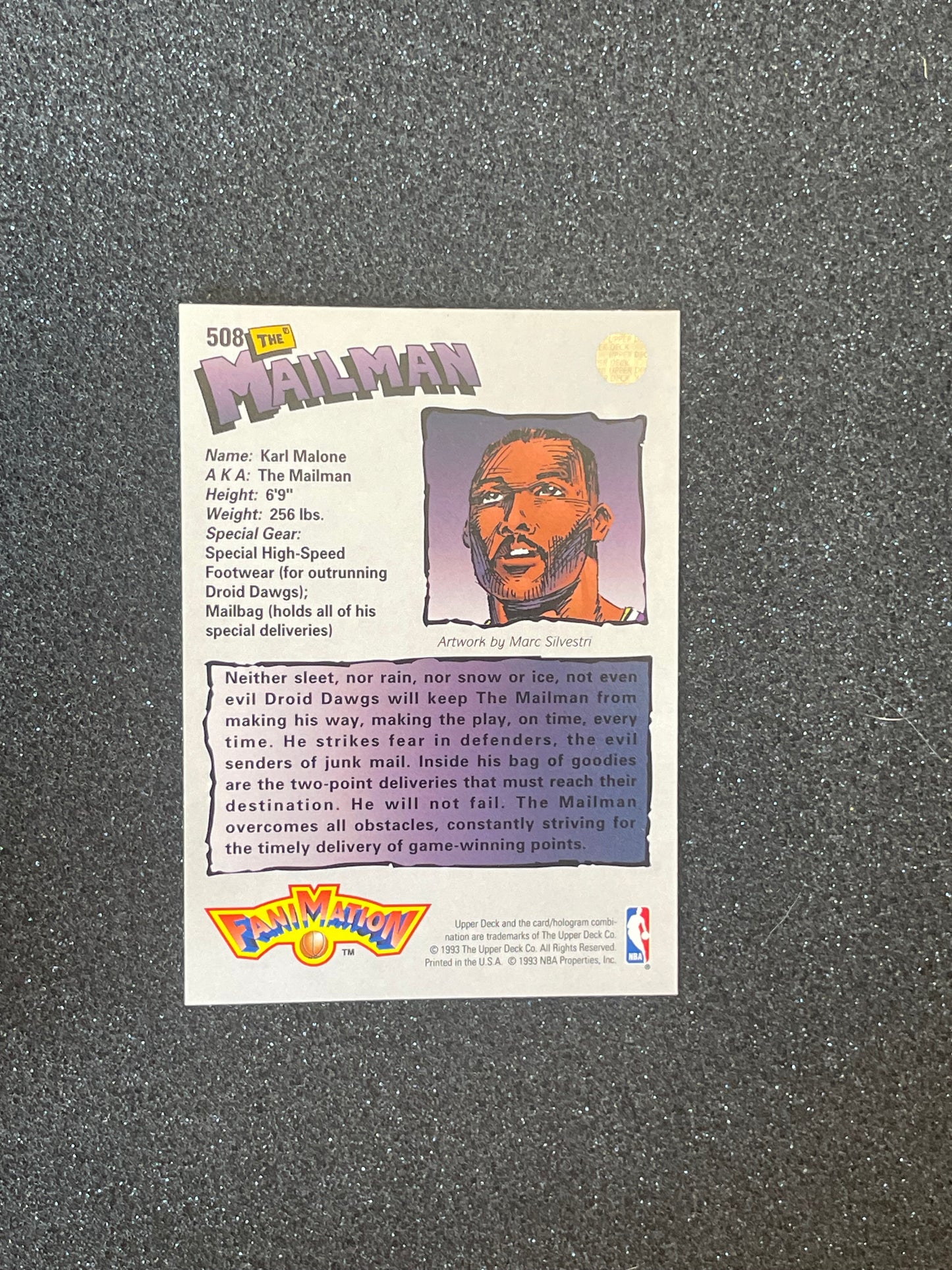 1992-93 Upper Deck Fanimation Karl Malone “The Mailman” Insert – NBA Comic Art Card