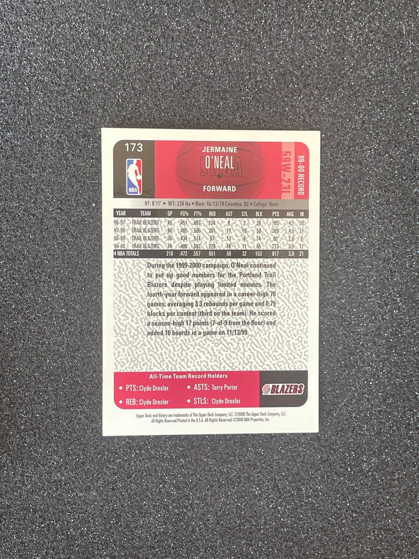 1999-00 Upper Deck Victory Jermaine O’Neal #173 Trail Blazers Basketball Card