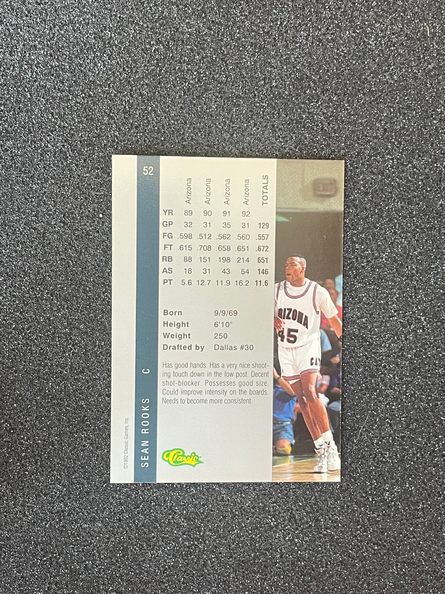1992 Classic Four Sport Draft Picks Sean Rooks Rookie Card #52 – Arizona / Dallas Mavericks