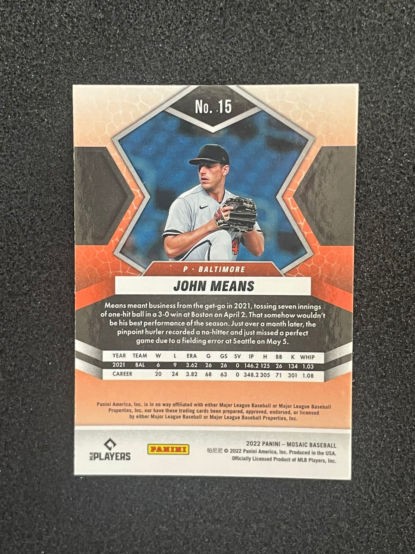🟠2022 Panini Mosaic Orange John Means #15 – Baltimore Orioles