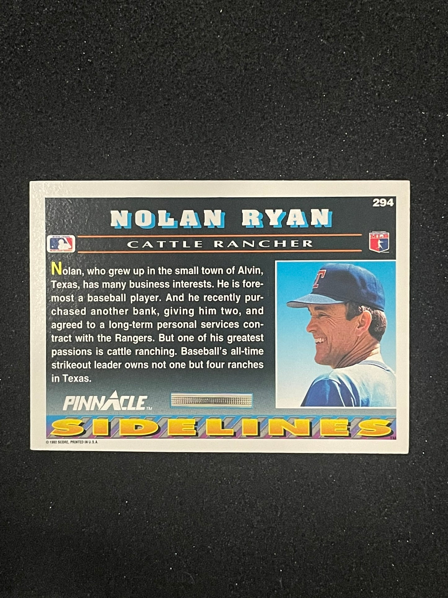 1992 Pinnacle Nolan Ryan “Sidelines – Cattle Rancher” Insert #294