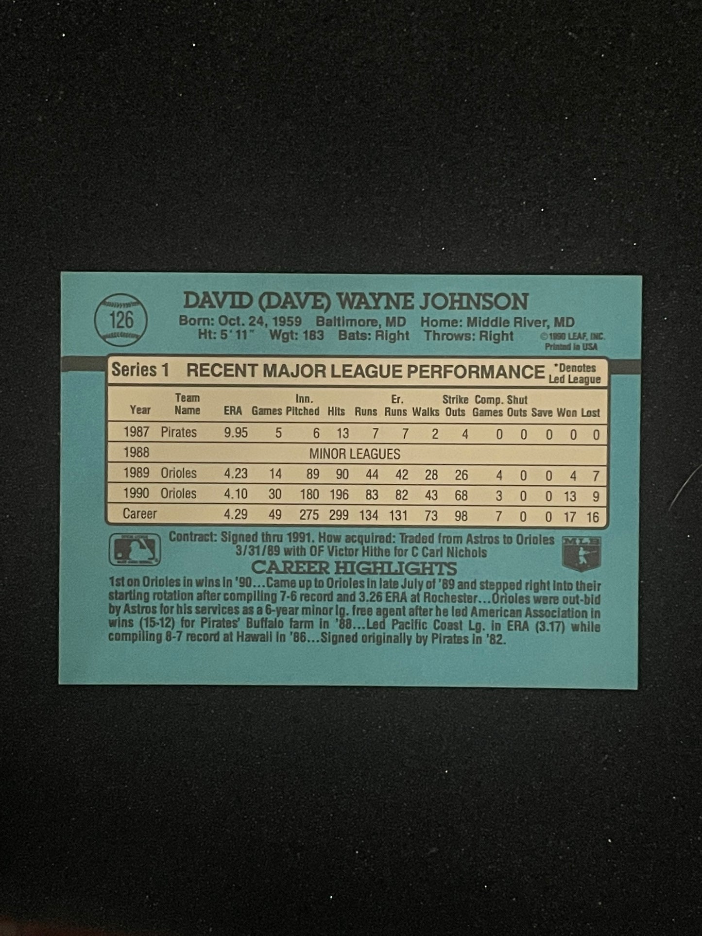 1991 Donruss Dave Johnson #126 Autographed Baseball Card – Baltimore Orioles