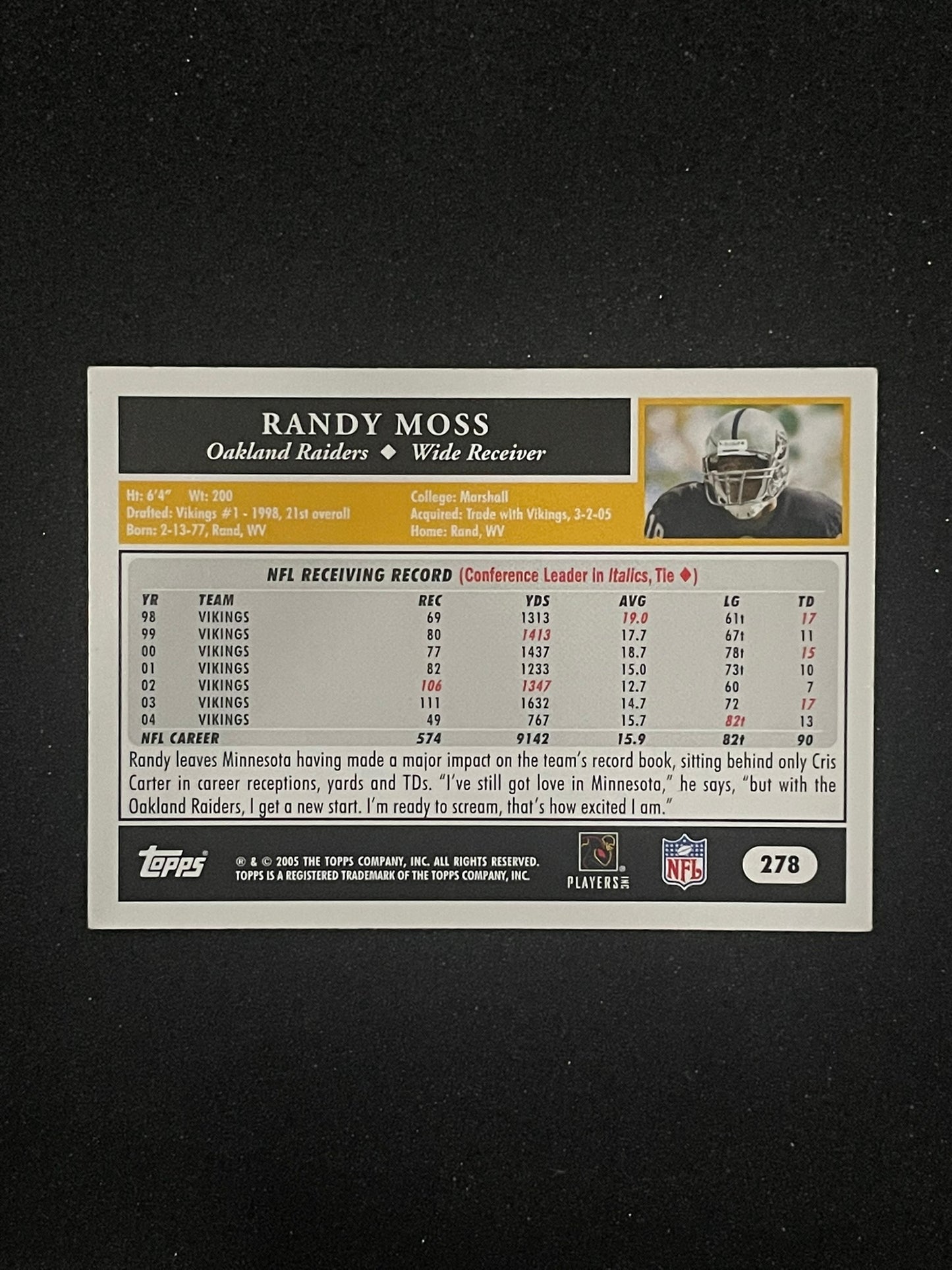 2005 Topps Randy Moss #278 Oakland Raiders – NFL Football Card