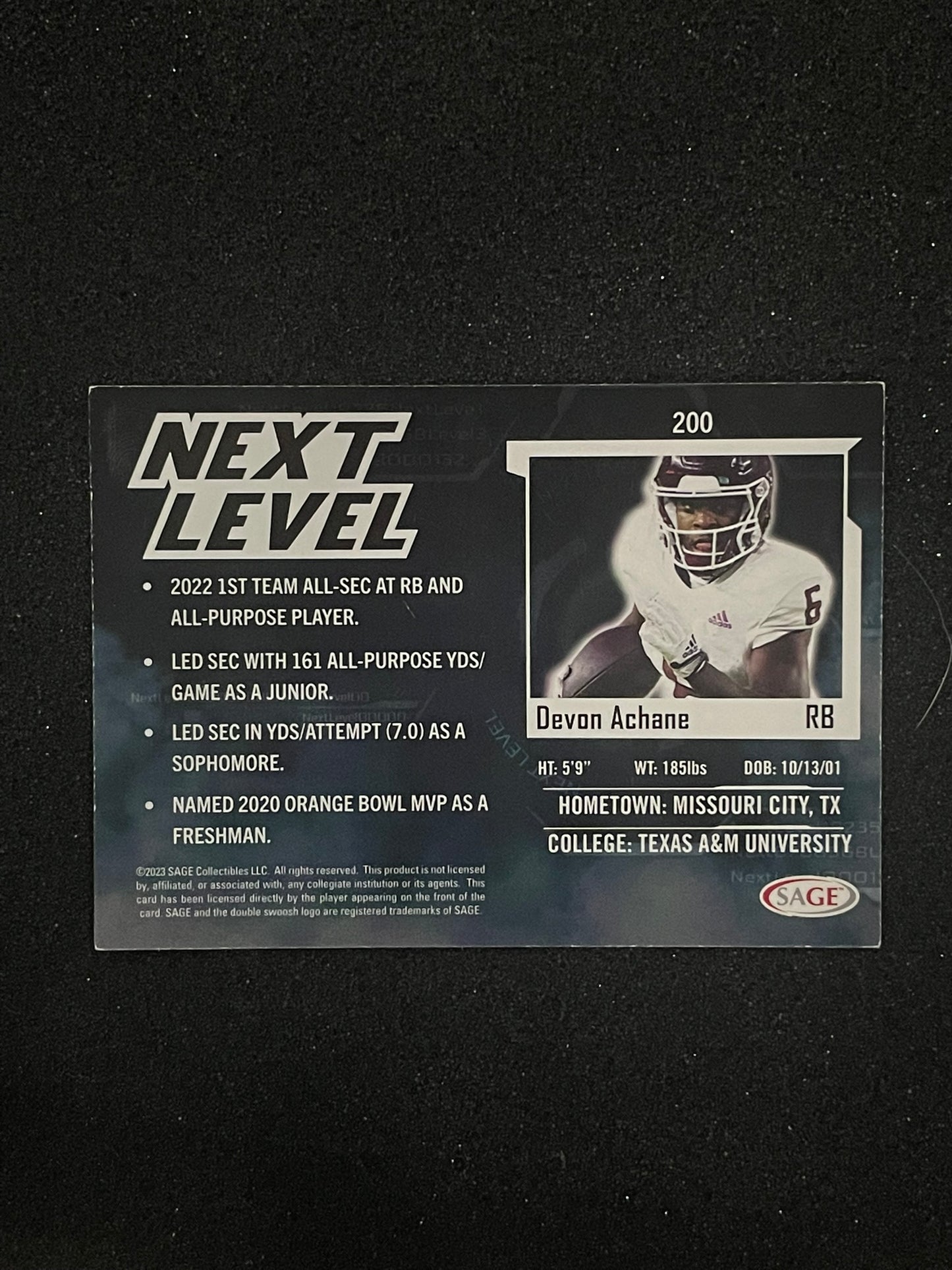 2023 SAGE Next Level Devon Achane Football Card #200 – Texas A&M