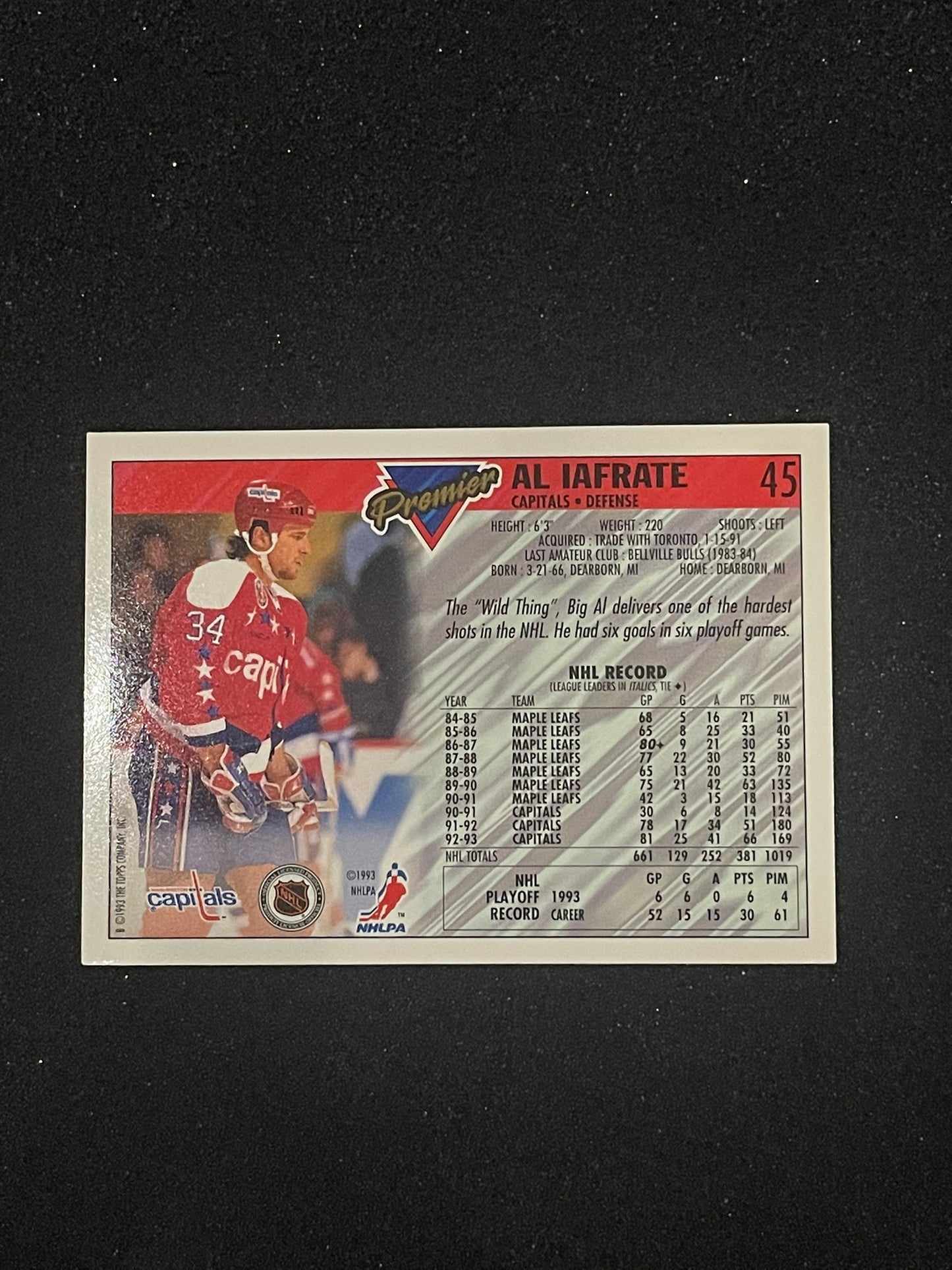 1993 Topps Premier Al Iafrate Washington Capitals Hockey Card