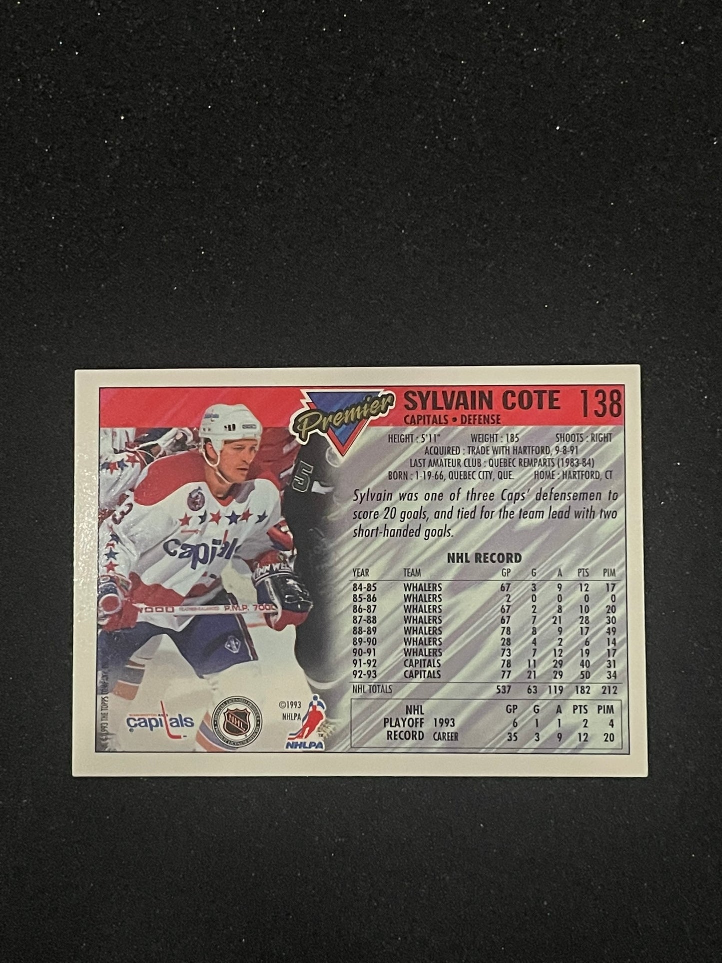 1993 Topps Premier Sylvain Cote #138 Washington Capitals NHL Hockey Card