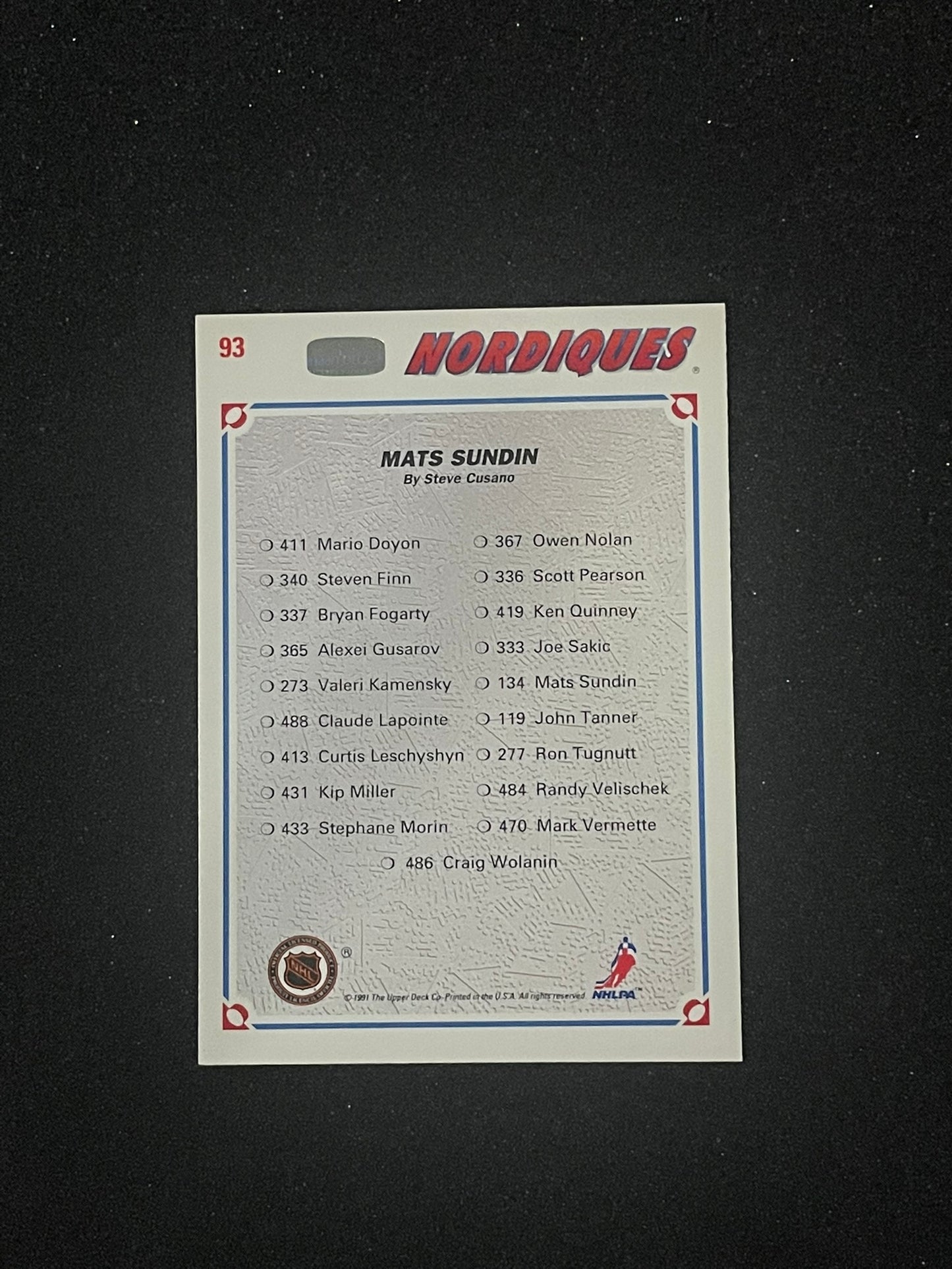 1991-92 Upper Deck Mats Sundin Collector’s Choice Art Card #93 | Quebec Nordiques
