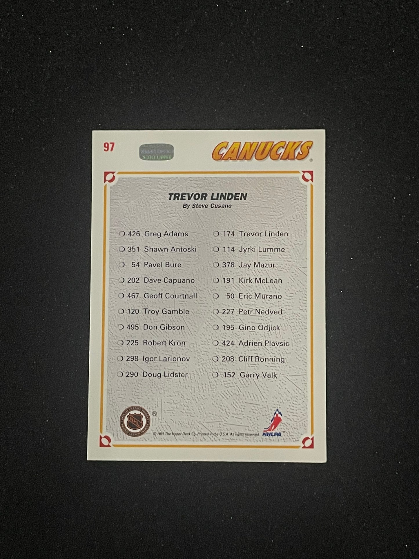 1991-92 Upper Deck Collector’s Choice Trevor Linden Art Card – Vancouver Canucks