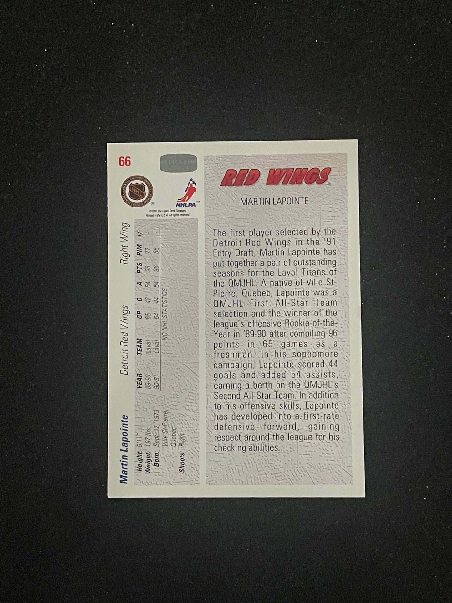 1991-92 Upper Deck Martin Lapointe #66 Draft Card – Detroit Red Wings Rookie Year