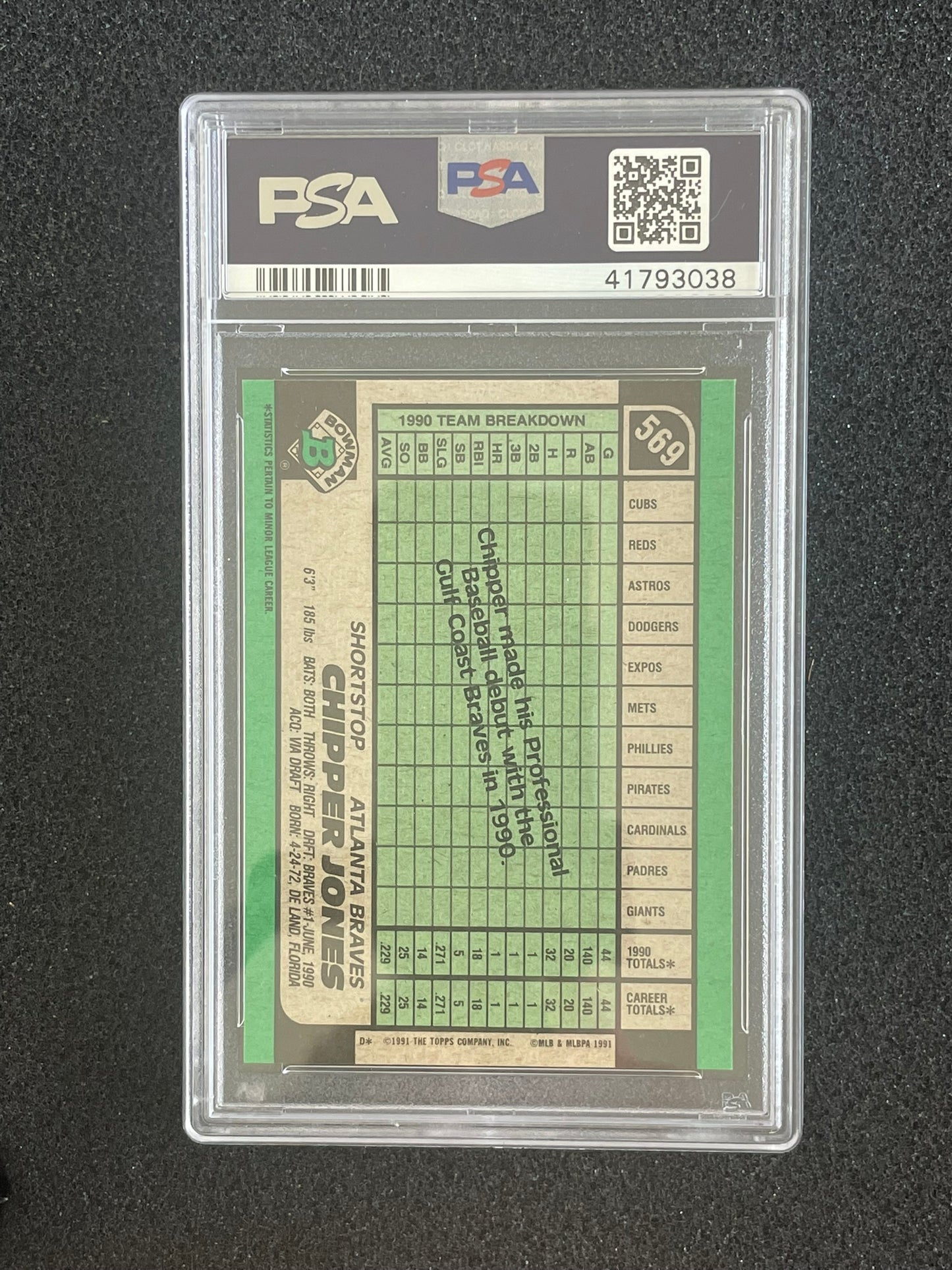 1991 Bowman #569 Chipper Jones Rookie Card (PSA 9 Mint)
