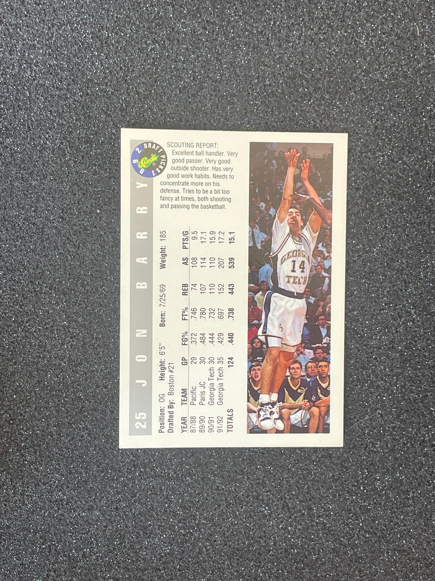 1992 Classic Draft Picks Jon Barry Rookie Card #25 – Georgia Tech / Celtics Draft Pick