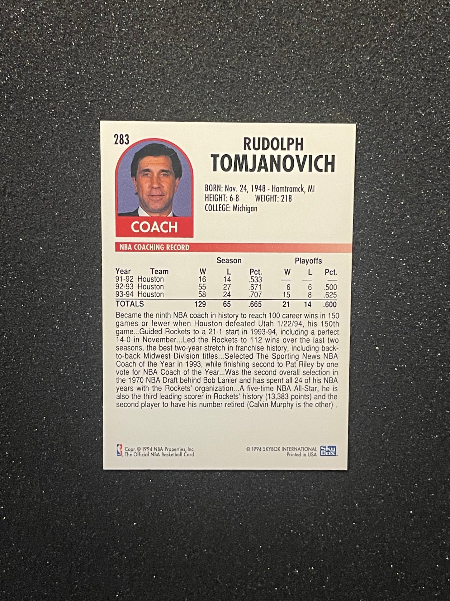 1994 SkyBox NBA Hoops Rudy Tomjanovich Coach Card #283 - Houston Rockets