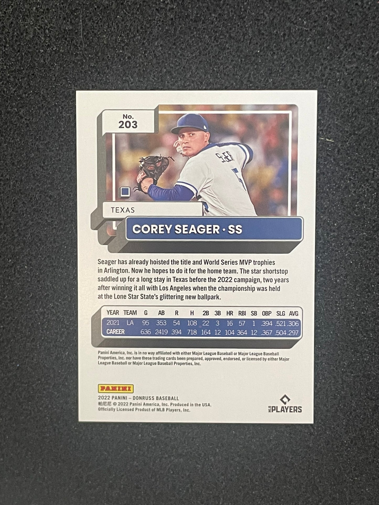 2022 Donruss “100 Emoji” #203 Corey Seager – Serial Numbered 01/100 – Texas Rangers