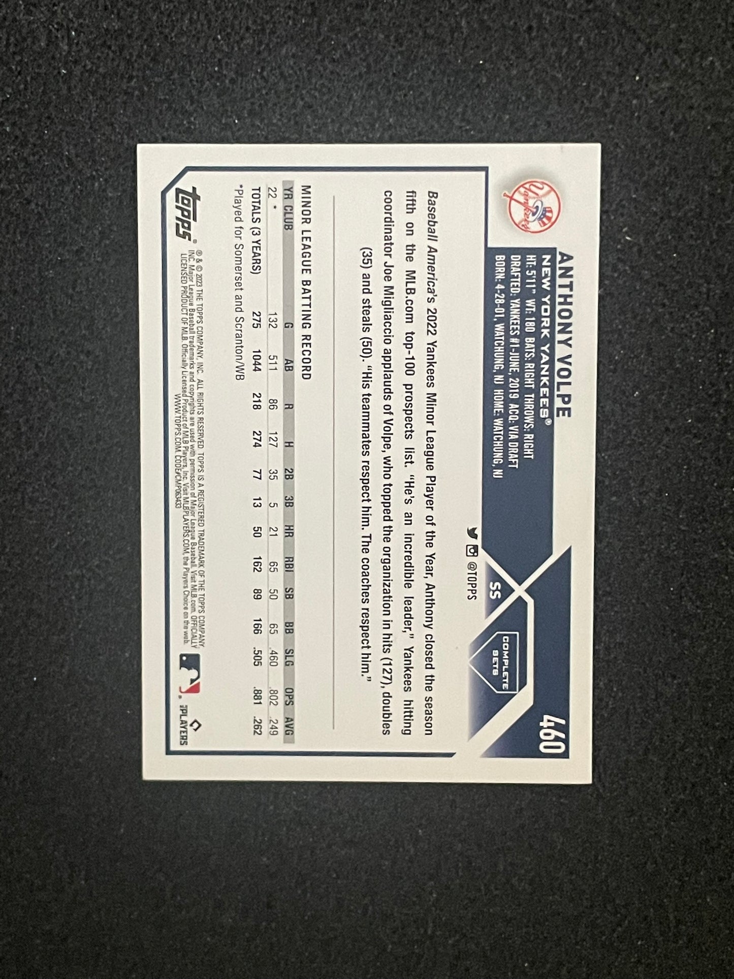 2023 Topps Complete Set #460 Anthony Volpe Rookie Card – New York Yankees – RC Logo