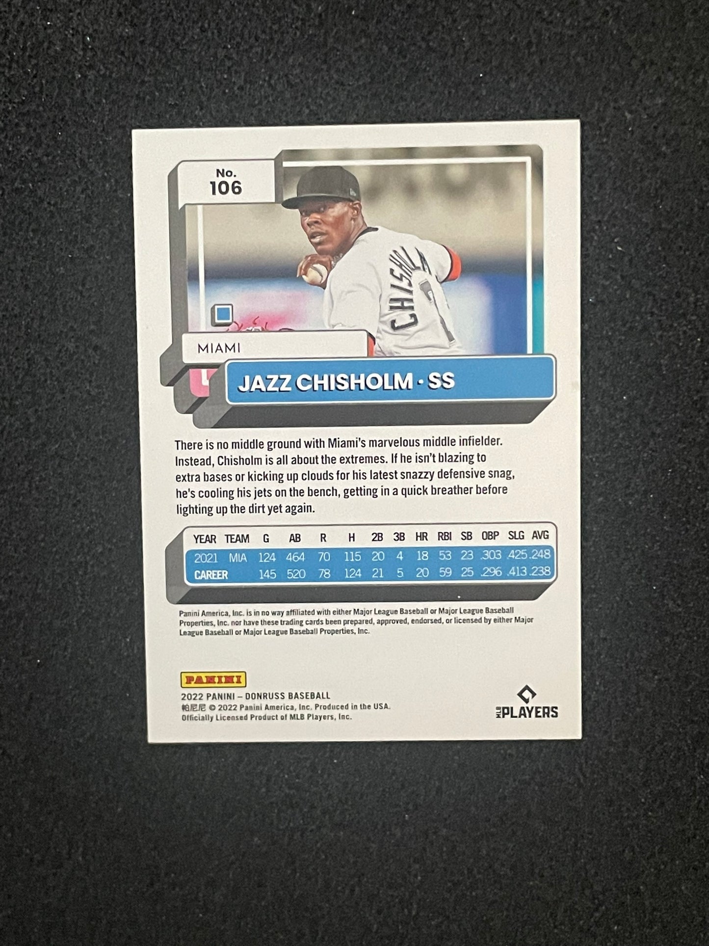 2022 Donruss Jazz Chisholm Jr. Purple Holo Parallel – Miami Marlins – Card #106