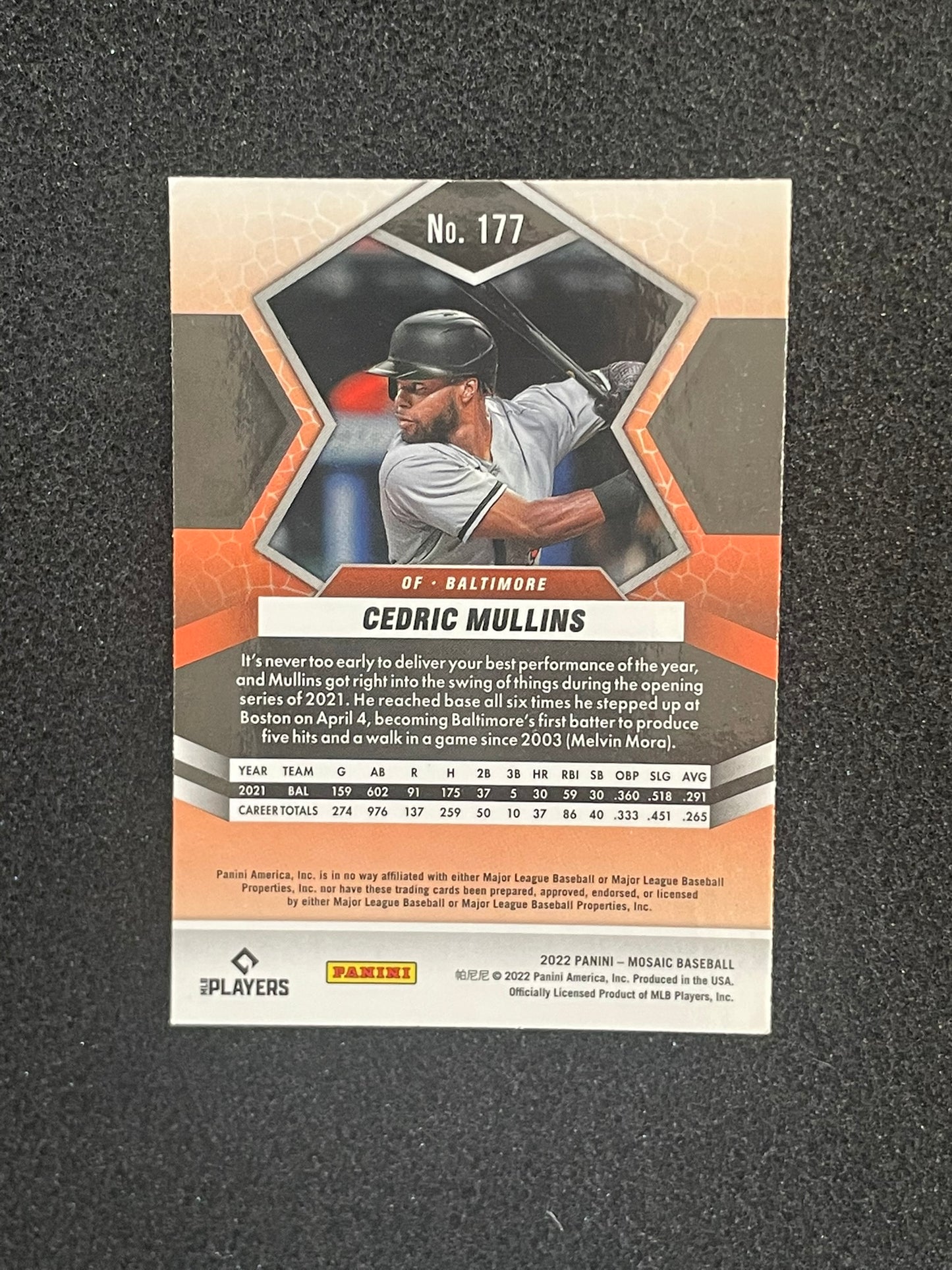 2022 Panini Mosaic Orange Reactive Cedric Mullins #177 Baltimore Orioles Baseball Card