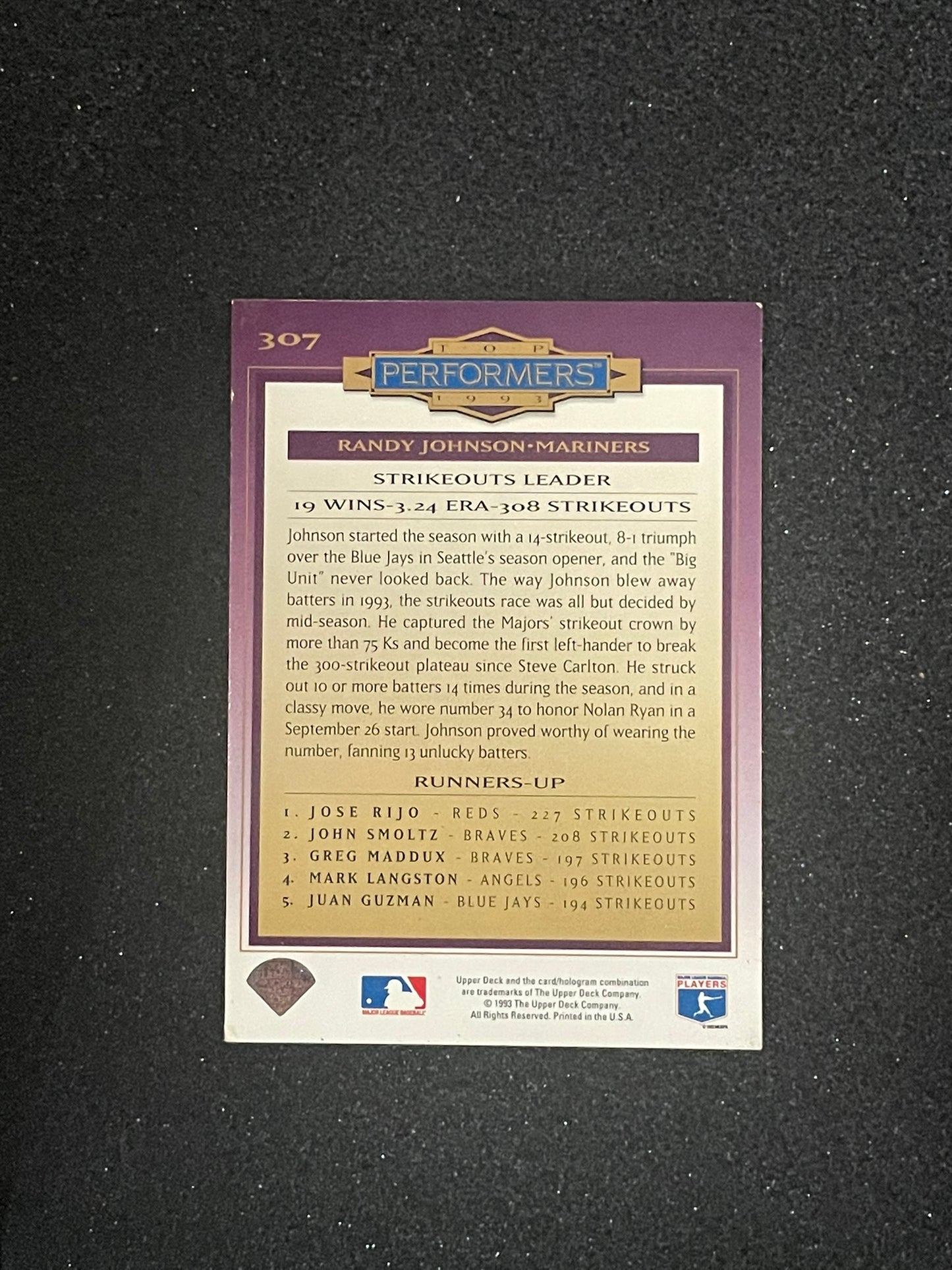 1993 Upper Deck Randy Johnson #307 Top Performers – Strikeouts Leader | Mariners