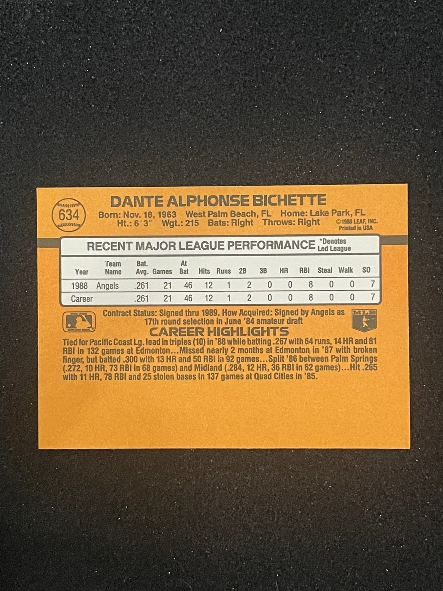 1989 Donruss Dante Bichette Rookie Card #634 – California Angels