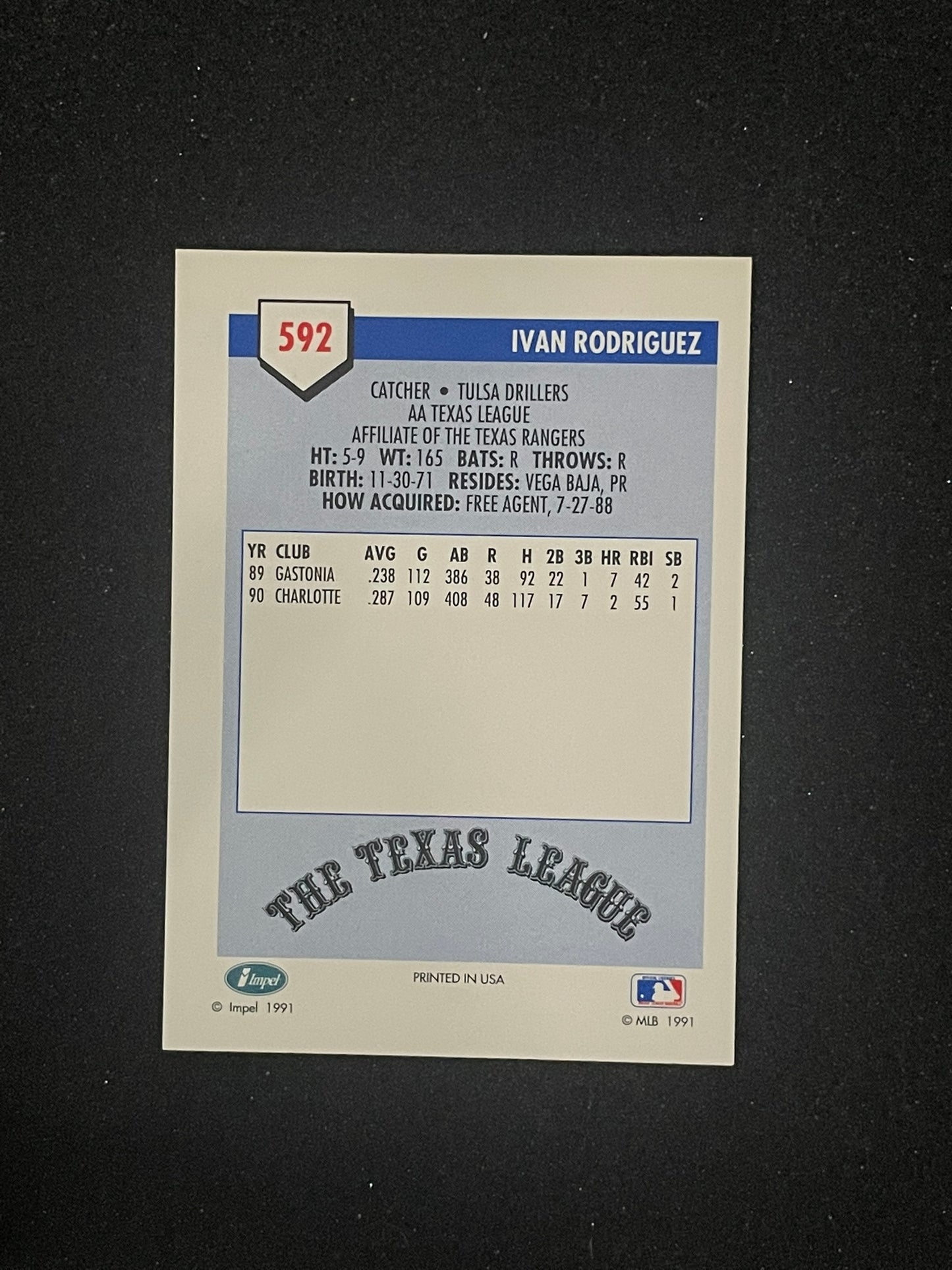 1991 Line Drive Pre-Rookie #592 Ivan Rodriguez Tulsa Drillers Baseball Card