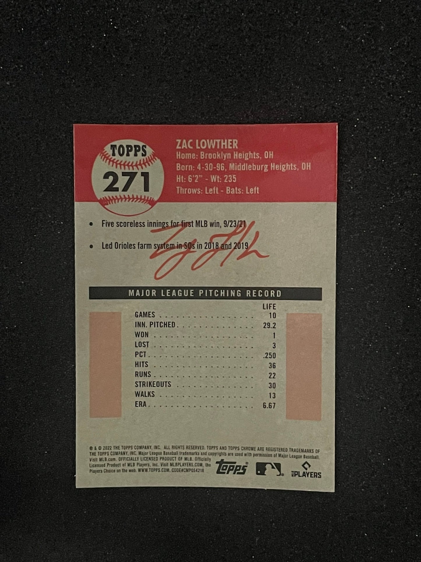 2022 Topps Chrome Zac Lowther Rookie Card #271 - Baltimore Orioles - RC Chrome Finish