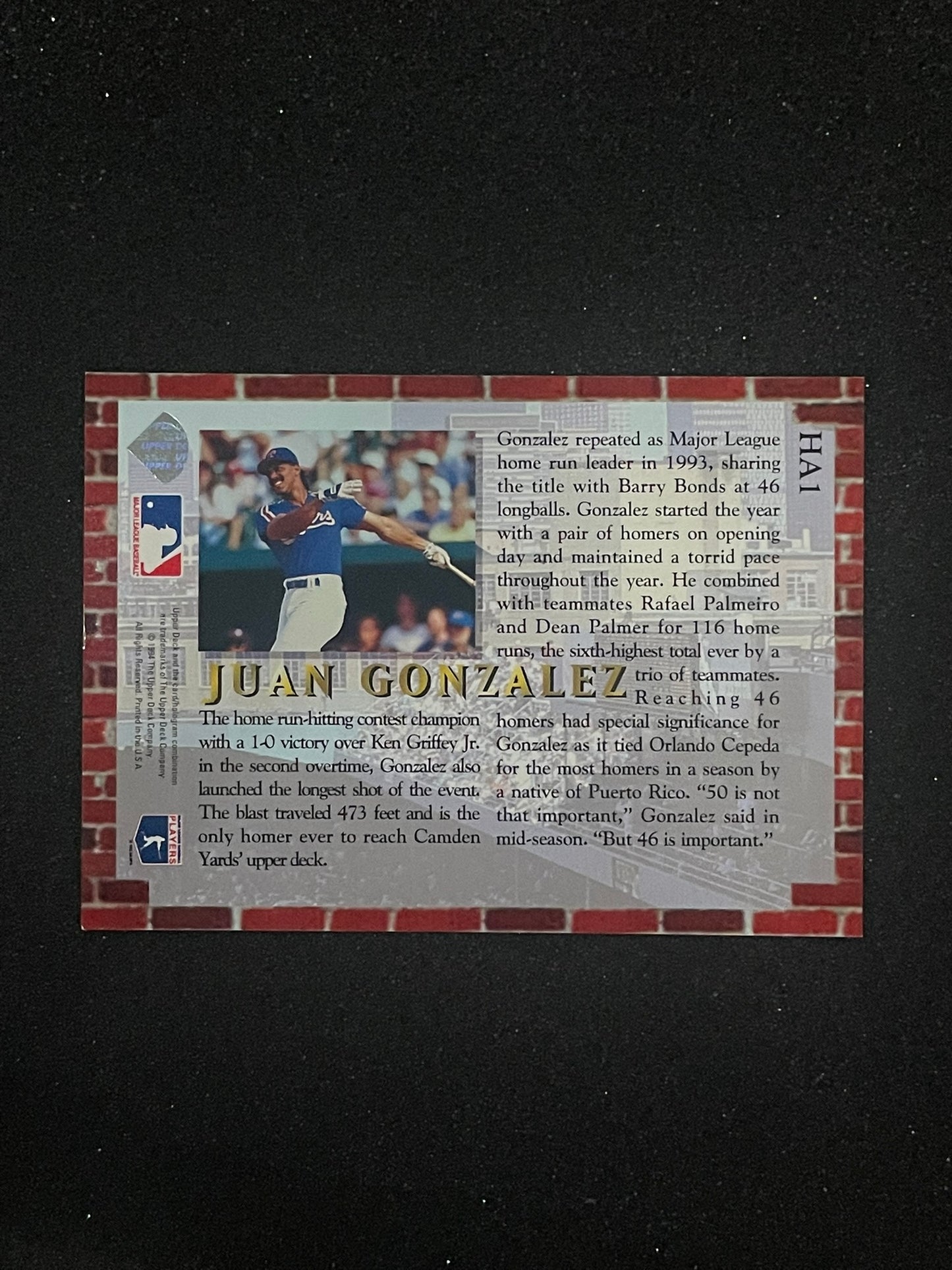 1994 Upper Deck Collector’s Choice Juan Gonzalez Home Run All-Stars Insert #HA1 – Texas Rangers