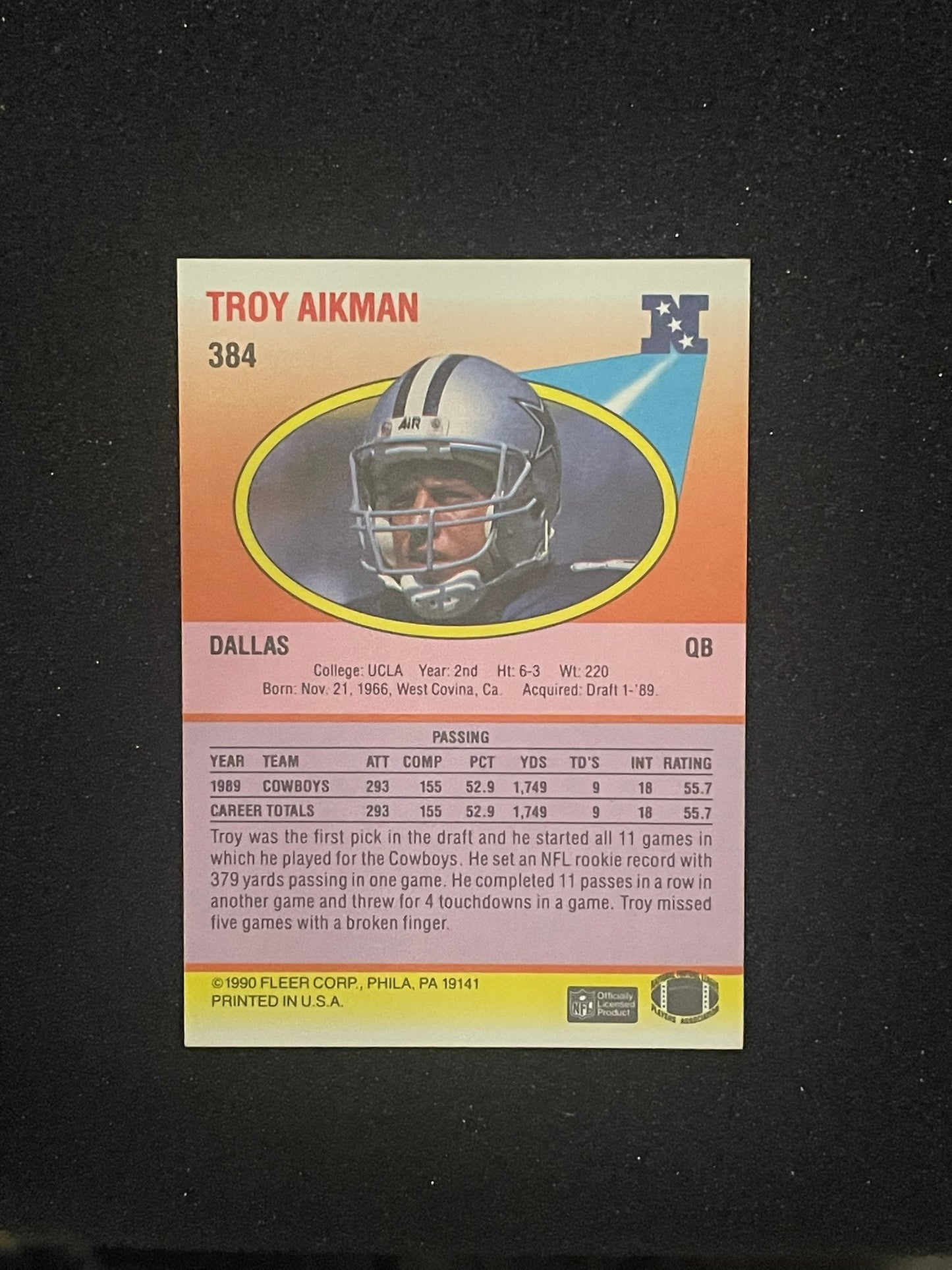 1990 Fleer #384 Troy Aikman Dallas Cowboys Football Card