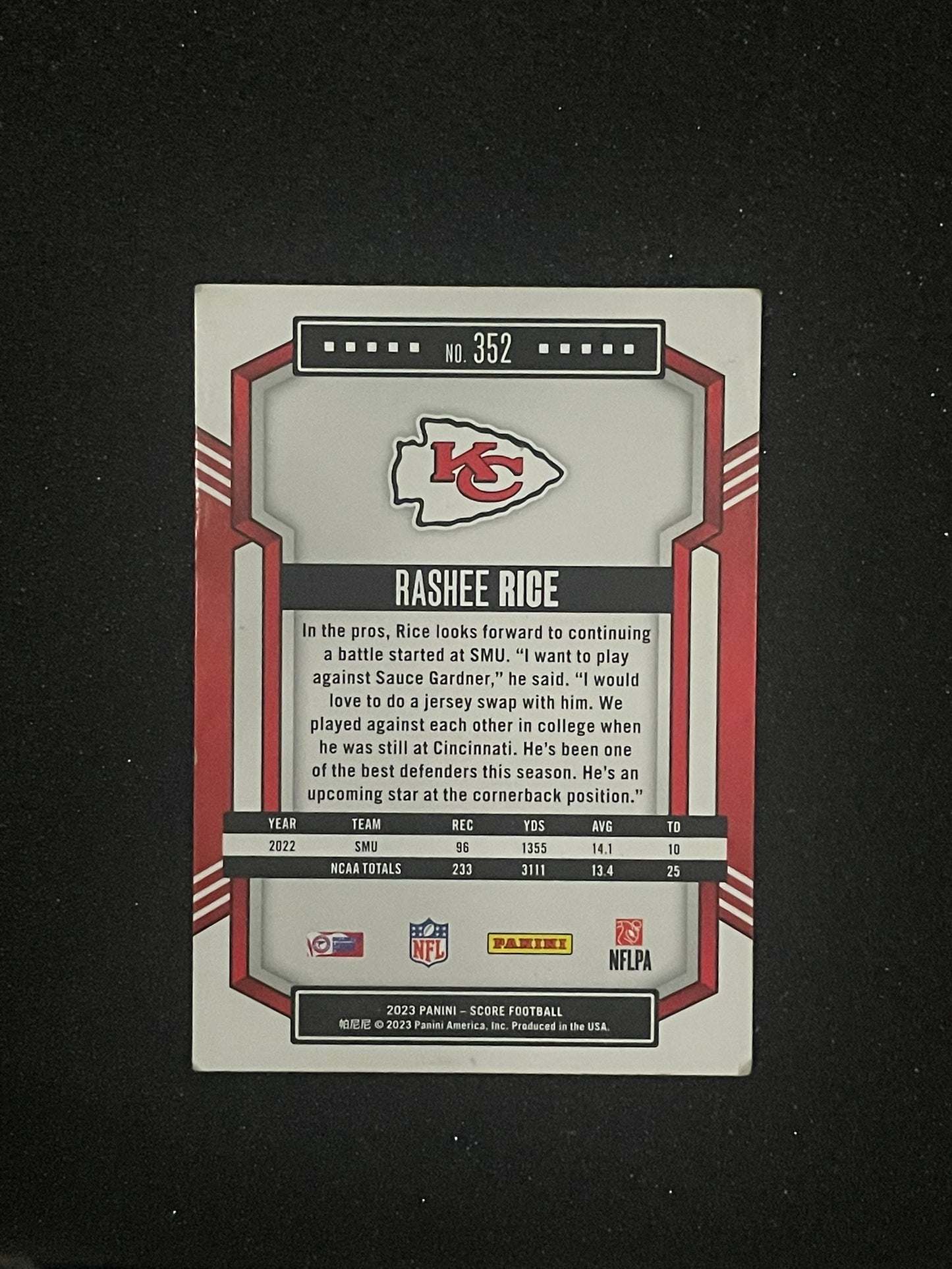 Rashee Rice 2023 Panini Score #352 Rookie Card – Kansas City Chiefs