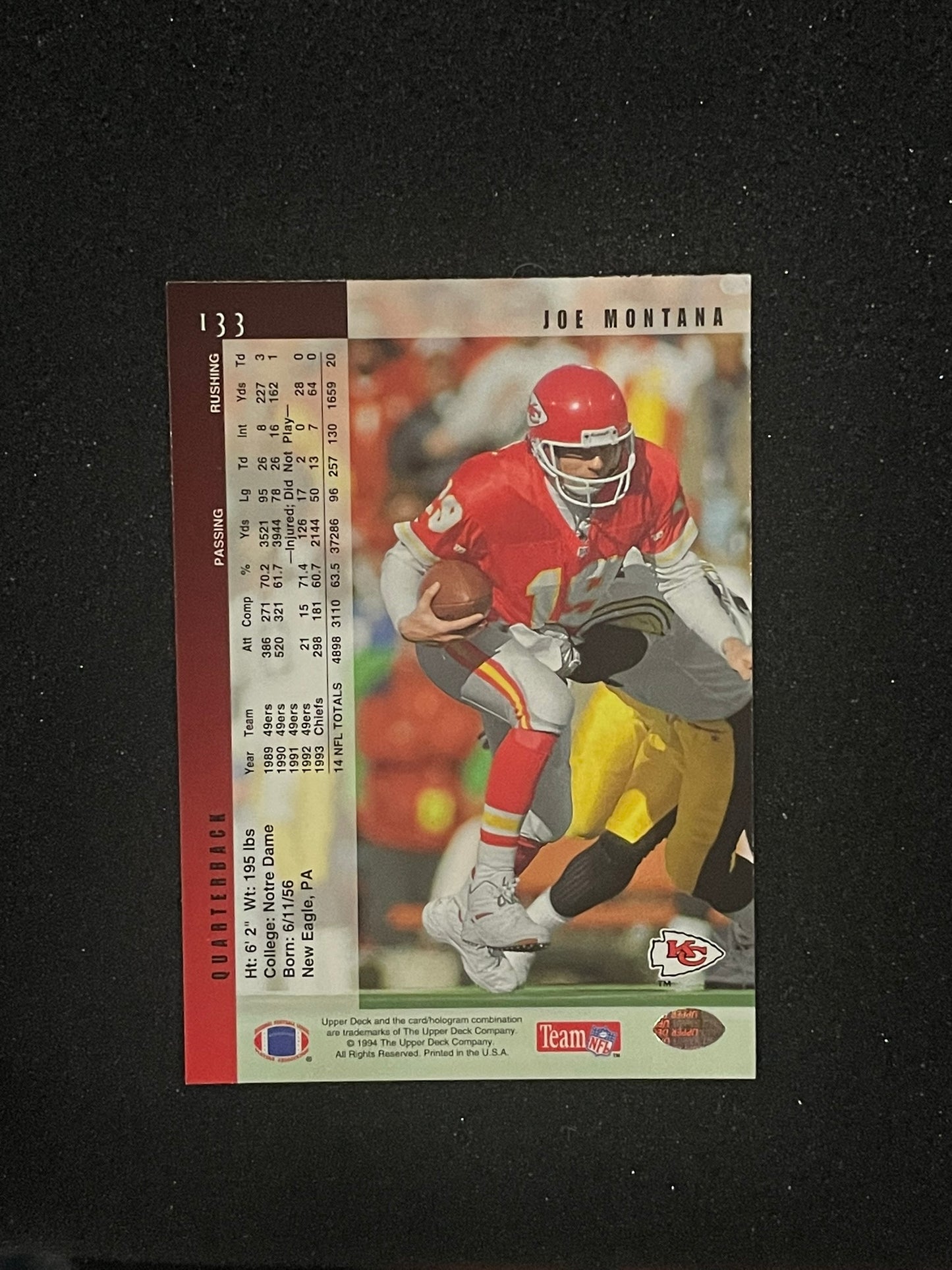 1994 Upper Deck Joe Montana #133 Kansas City Chiefs NFL Football Card
