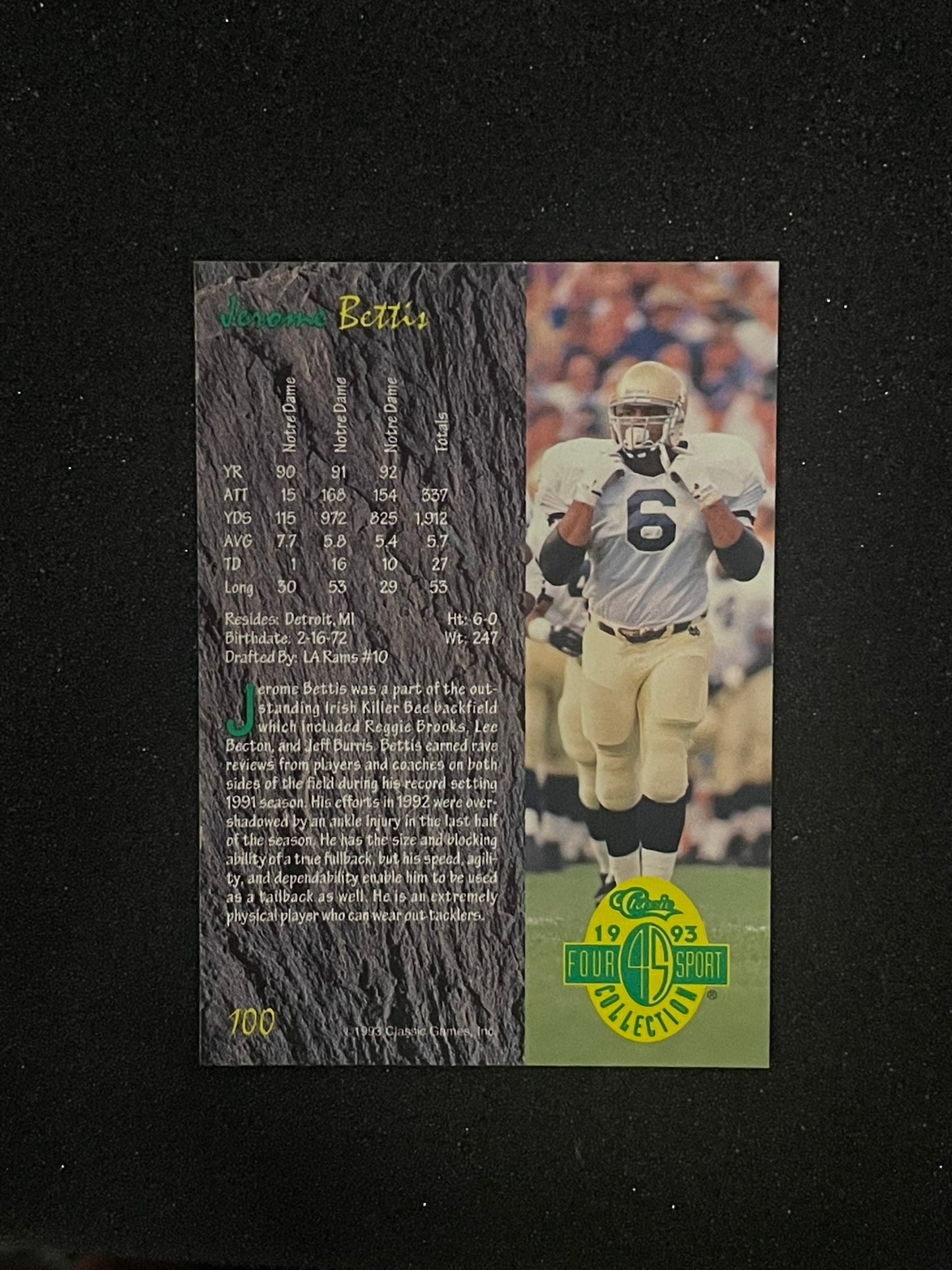 1993 Classic Four Sport Collection Jerome Bettis #100 Notre Dame Rookie Card
