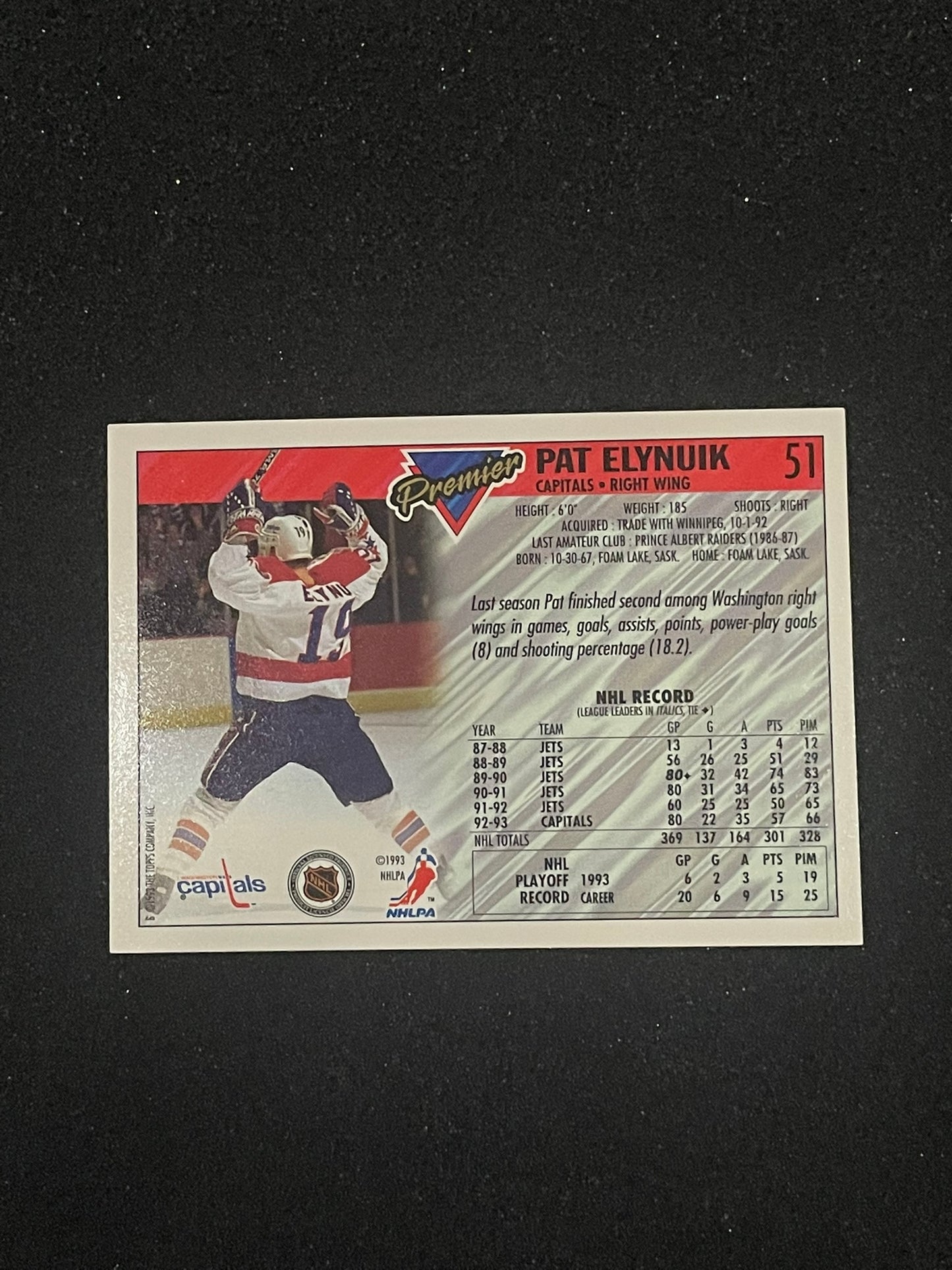 1993 Topps Premier Pat Elynuik Washington Capitals Hockey Card