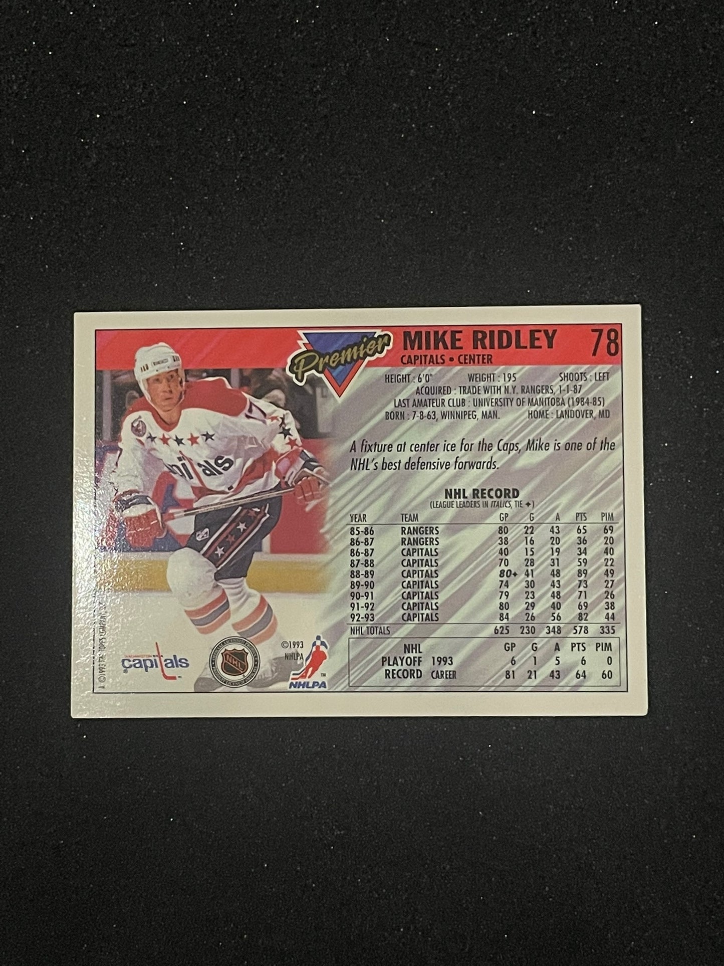 1993 Topps Premier Mike Ridley Washington Capitals Hockey Card
