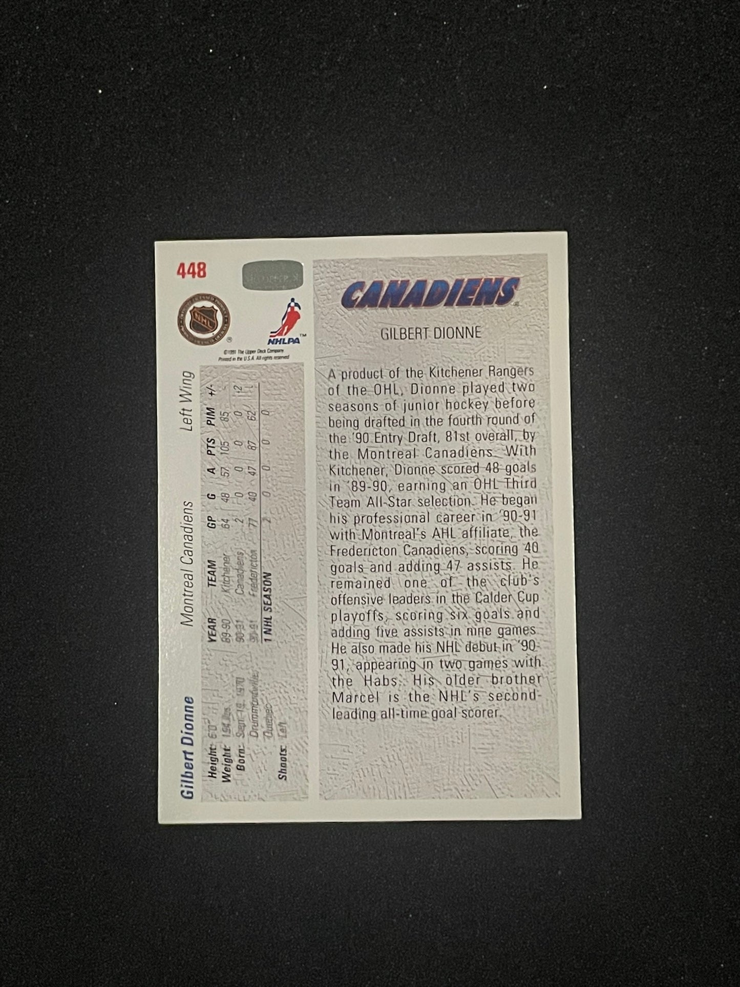 1991-92 Upper Deck Gilbert Dionne Star Rookie RC #448 | Montreal Canadiens
