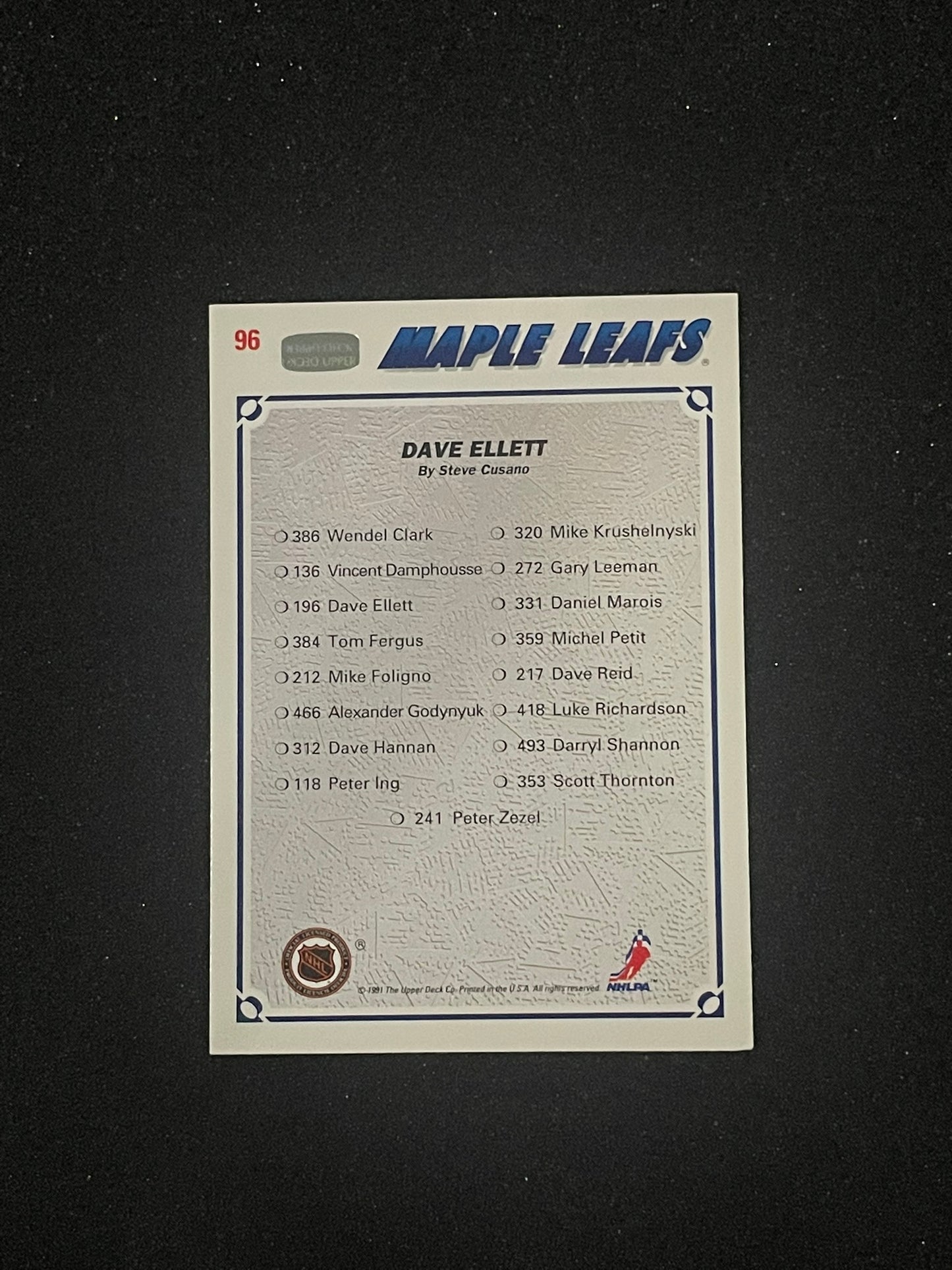 1991-92 Upper Deck Collector's Choice Dave Ellett Toronto Maple Leafs Art Card