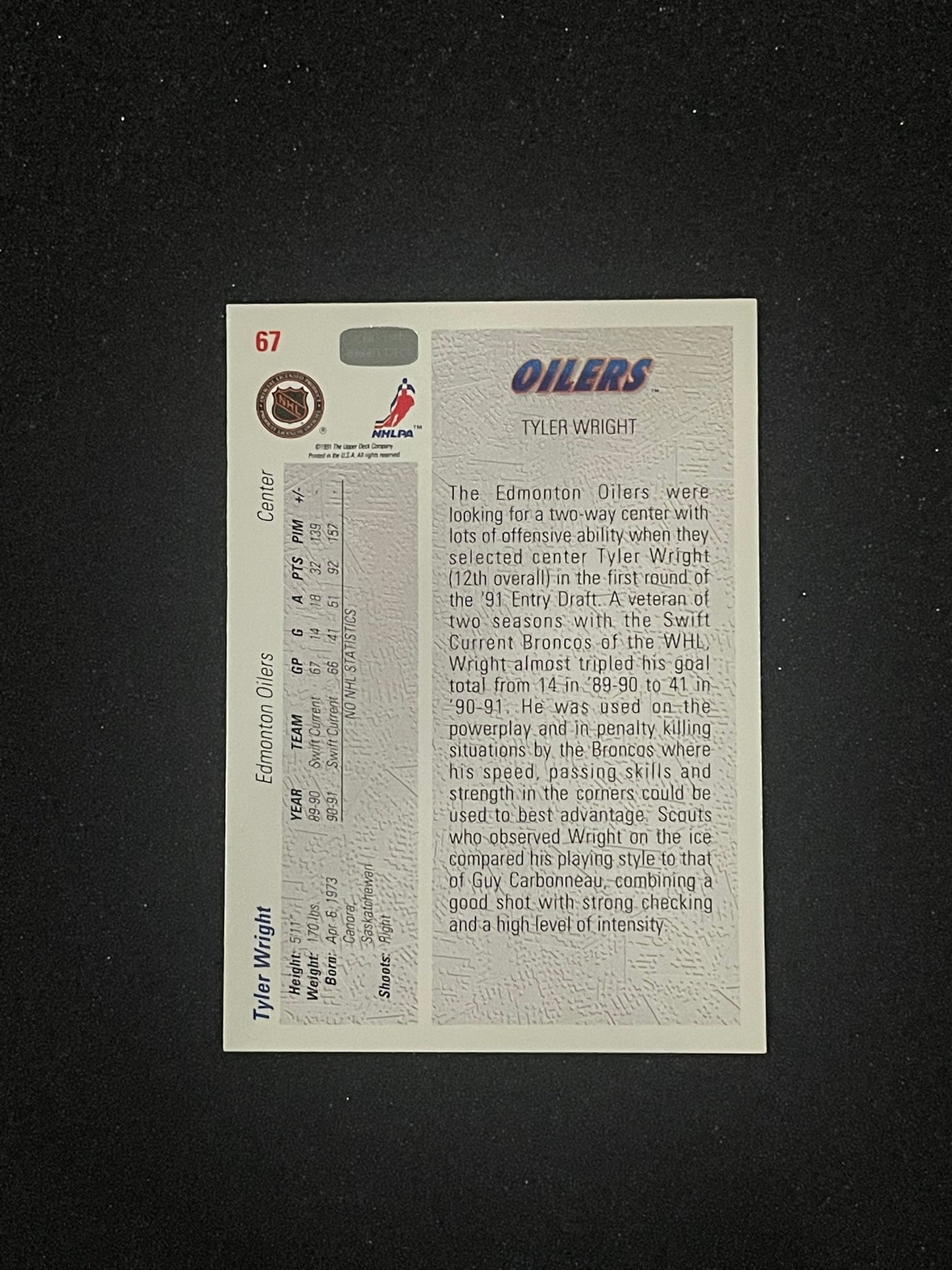 1991 Upper Deck Tyler Wright Draft Choice Rookie Card – Edmonton Oilers