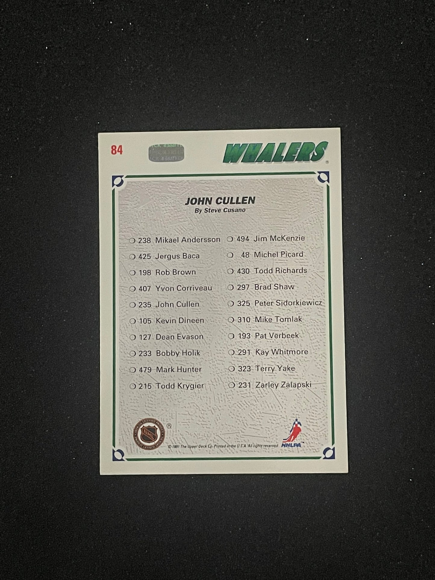 1991-92 Upper Deck Collector's Choice John Cullen #84 Art Card – Hartford Whalers