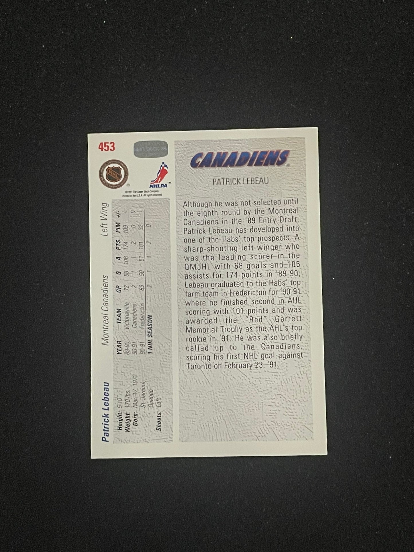1991-92 Upper Deck Star Rookie Patrick Lebeau Montreal Canadiens Hockey Card