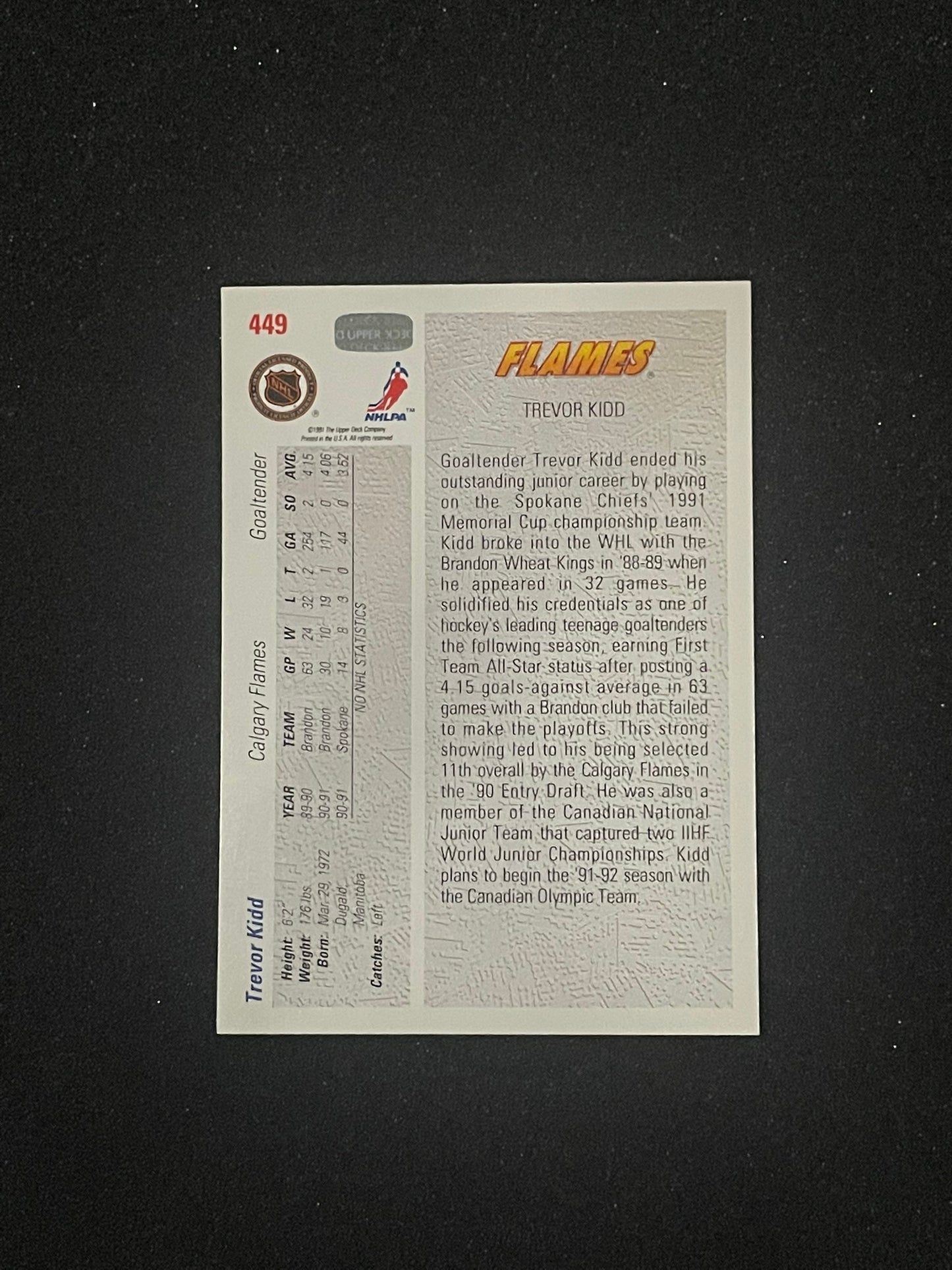 1991 Upper Deck Trevor Kidd #449 Star Rookie – Calgary Flames