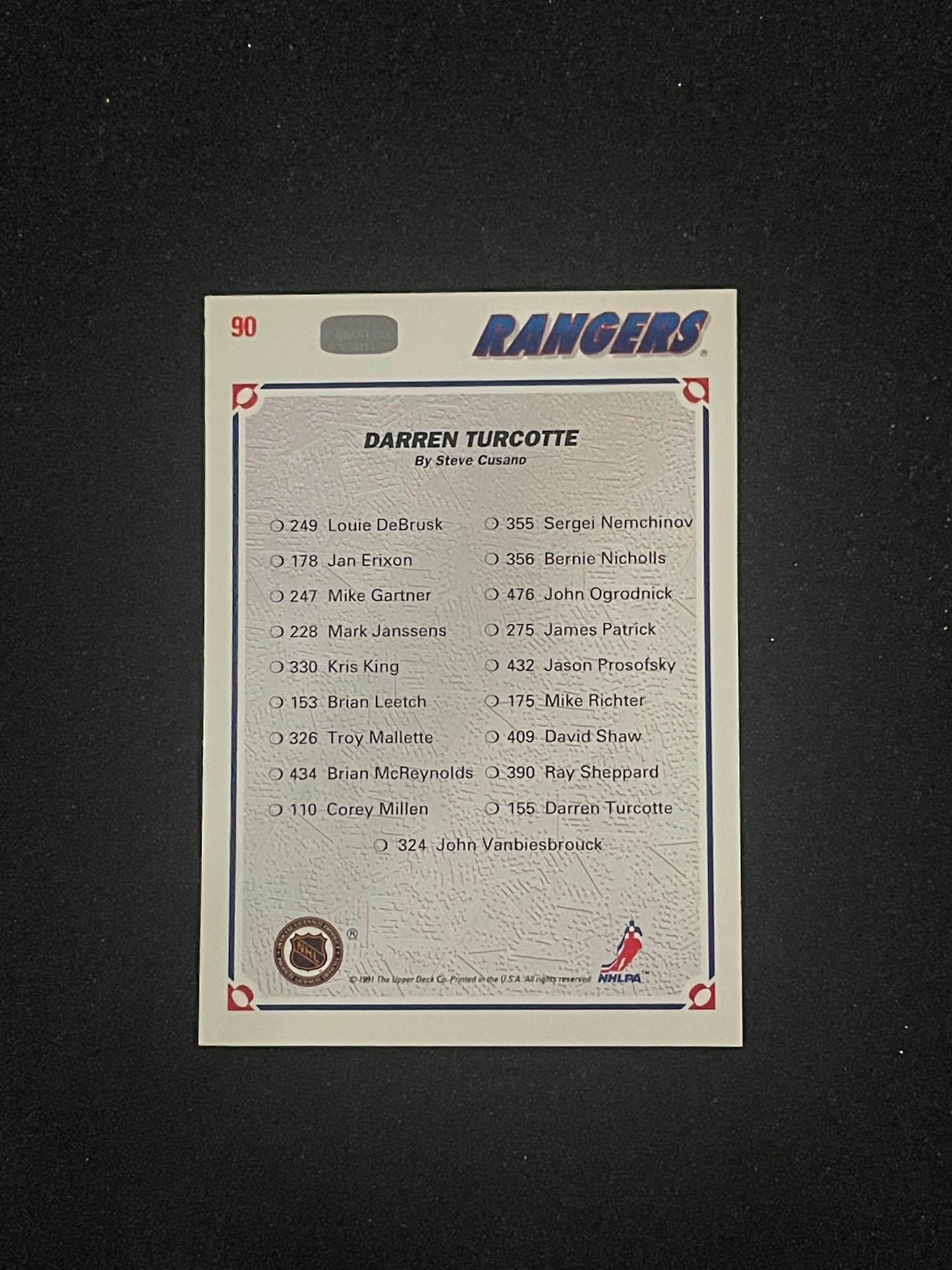 1991-92 Upper Deck Collector’s Choice Darren Turcotte Rangers Art Card #90