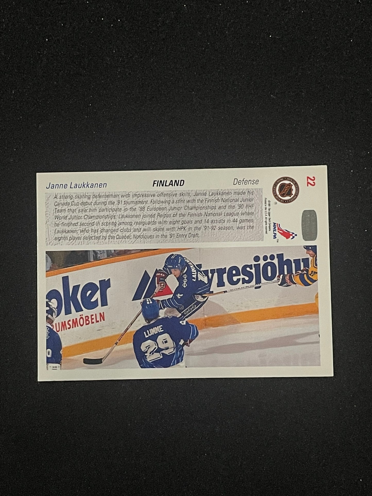 1991 Upper Deck Janne Laukkanen Canada Cup Hockey Card – Finland National Team