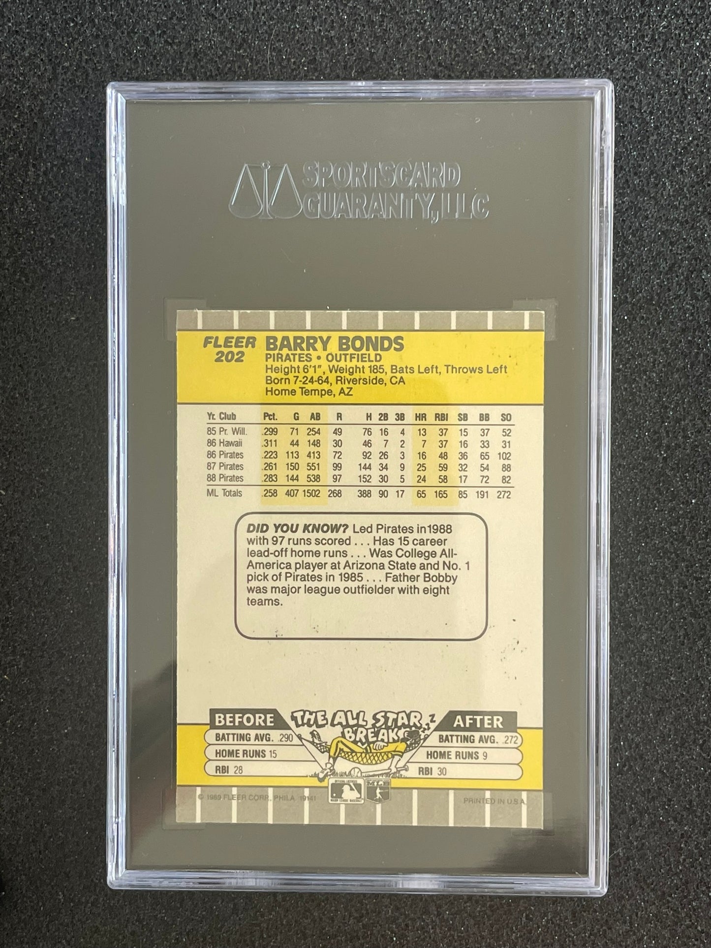 989 Fleer #202 Barry Bonds SGC 8 NM-MT